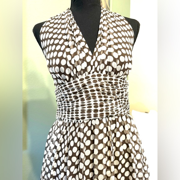 NWT NEW Silk Sz 6 Maggie London halter polka dot white brown midi dress Medium - Picture 6 of 14